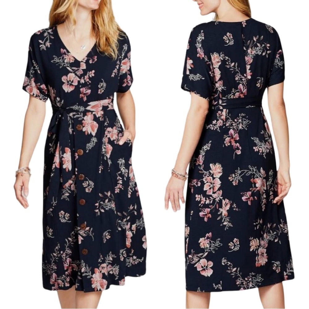 J Jill Floral Dolman Sleeve A Line Dress Flattering Feminine Soft Stretch V Neck